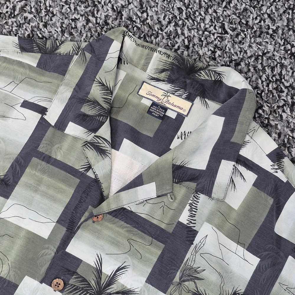 Tommy Bahama Mens Large Silk Camp Shirt Palm Tree Print‎ Green Short Sleeve